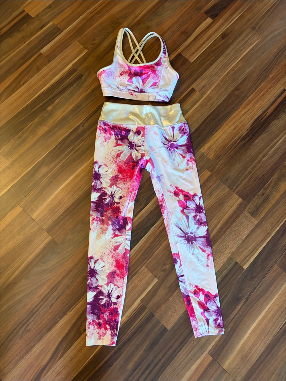 Girls 12-14 2 piece set Justice Floral Pink & Purple High-Rise Active Leggings